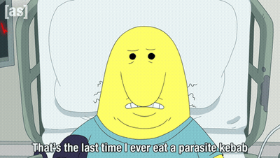 Cartoon Character In Hospital Bed Saying That's The Last Time I Ever Eat A Parasite Kebab GIF