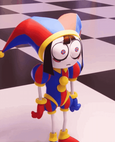 Cartoon Character In Jester Costume On Checkerboard Floor GIF