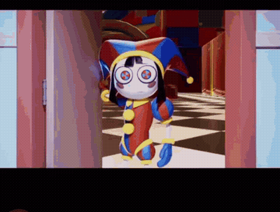 Cartoon Character In Jester Costume Standing In Hallway GIF