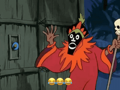 Cartoon Character In Mask Holding Cane GIF