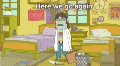 Cartoon Character In Messy Bedroom Saying Here We Go Again GIF