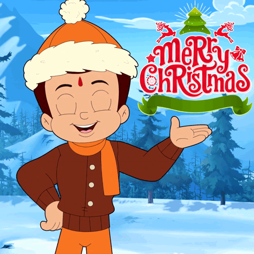 Cartoon Character In Orange Hat And Scarf In Front Of Merry Christmas Banner GIF