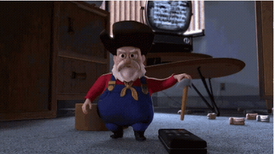 Cartoon Character In Overalls And Cowboy Hat Holding Cane GIF