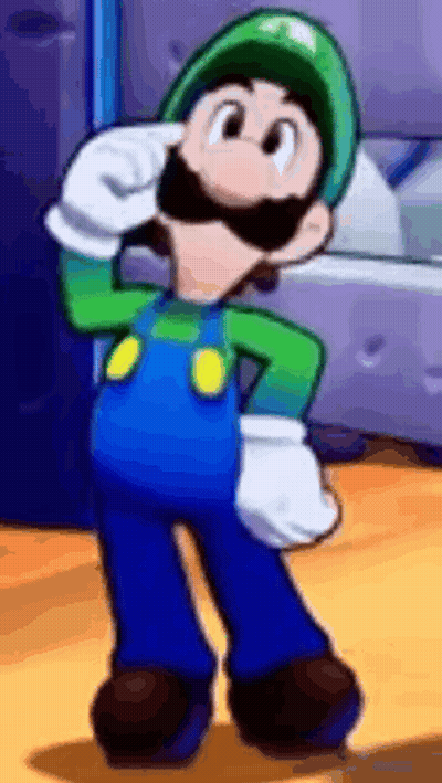 Cartoon Character In Overalls And Green Hat Standing On Table GIF