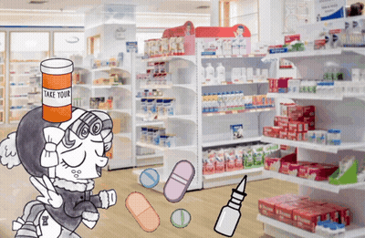 Cartoon Character In Pharmacy With Take Your Bottle GIF