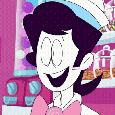 Cartoon Character In Pink Bow Tie And Hat Smiling At Gumball Machine GIF
