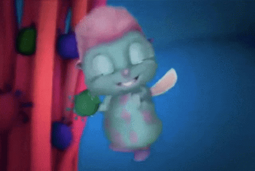 Cartoon Character In Pink Hat Holding Green Object GIF