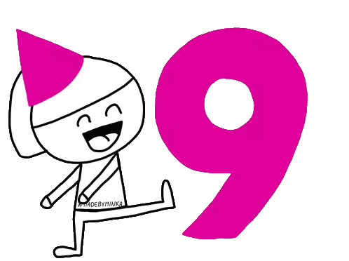 Cartoon Character In Pink Party Hat Next To Number Nine Sticker