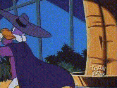 Cartoon Character In Purple Hat And Cape By Window GIF