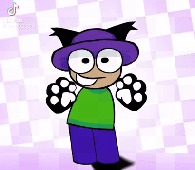 Cartoon Character In Purple Hat And Green Shirt With Paws GIF