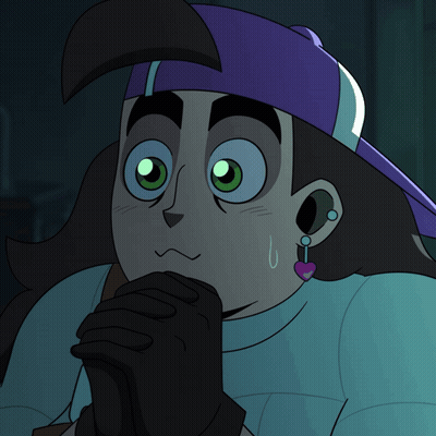 Cartoon Character In Purple Hat And Heart Earrings GIF