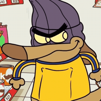 Cartoon Character In Purple Hat And Yellow Shirt By $38 Sign GIF