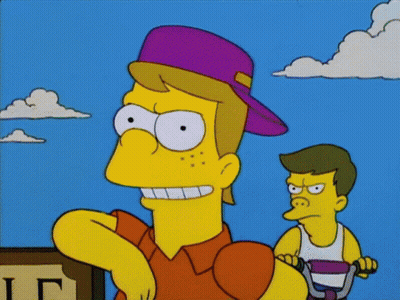 Cartoon Character In Purple Hat Standing Next To Another GIF