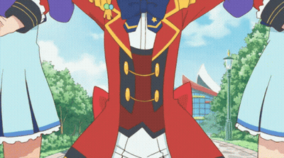 Cartoon Character In Red Coat With Blue Bow GIF