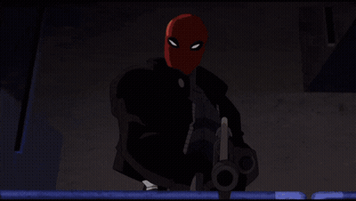 Cartoon Character In Red Mask Holding Gun GIF
