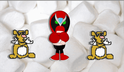 Cartoon Character In Red Mask With Marshmallows GIF