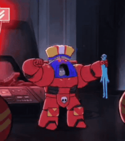 Cartoon Character In Red Suit Holding Blue Object GIF