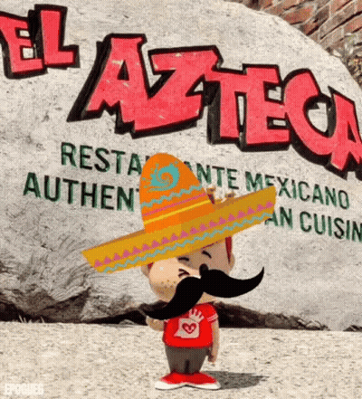 Cartoon Character In Sombrero And Mustache At El Azteca Sign GIF