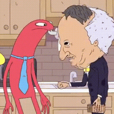 Cartoon Character In Suit Beside Red Monster In Kitchen GIF