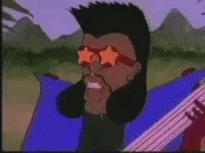 Personaje de dibujos animados con gafas de sol y chaqueta azul GIF