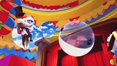 Cartoon Character In Top Hat Flying Through Colorful Room GIF