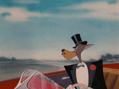 Cartoon Character In Tuxedo And Top Hat Driving Car GIF