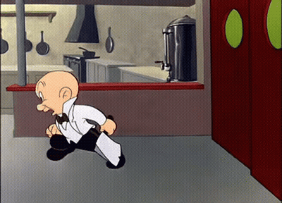 Cartoon Character In Tuxedo Running In Kitchen GIF