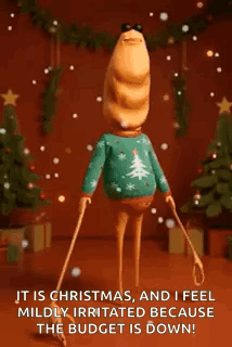 Cartoon Character In Ugly Christmas Sweater Holding Skis GIF