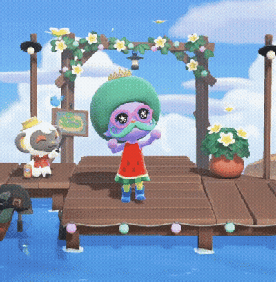 Cartoon Character In Watermelon Dress On Dock GIF