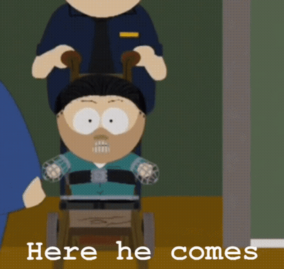 Cartoon Character In Wheelchair Saying Here He Comes GIF