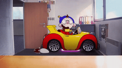 Cartoon Character In Yellow Car With Oque Poster GIF