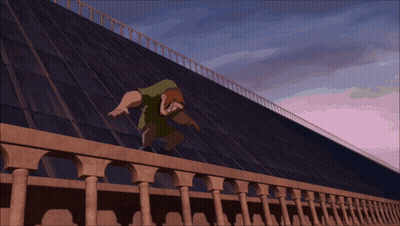 Cartoon Character Jumping Over Fence With Purple Sky GIF