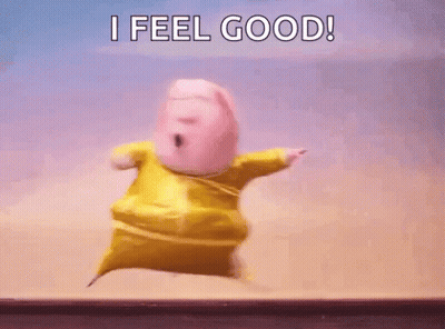 Cartoon Character Jumping Saying I Feel Good GIF
