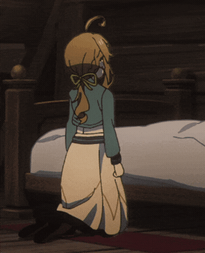 Cartoon Character Kneeling Beside Bed GIF