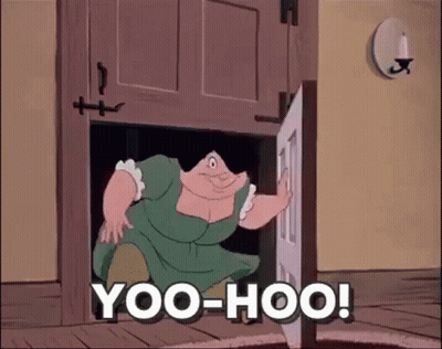 Cartoon Character Kneeling In Doorway Saying Yoo-Hoo GIF