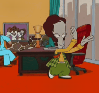 Cartoon Character Kneeling In Front Of Red Chair GIF
