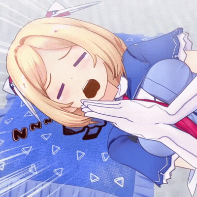Cartoon Character Laying On Blue Blanket With Triangles GIF