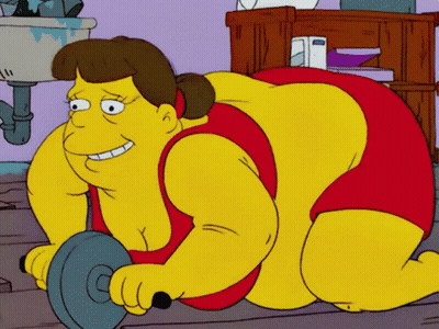 Cartoon Character Laying On Floor Holding Dumbbell Smiling GIF