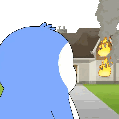 Cartoon Character Looking At Burning House Sticker