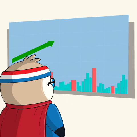 Cartoon Character Looking At Graph With Green Arrow Going Up GIF