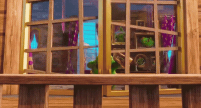 Cartoon Character Looking Out Window With Purple Curtain GIF