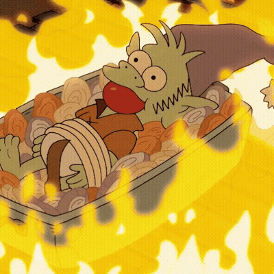 Cartoon Character Lying In Flaming Food Container GIF