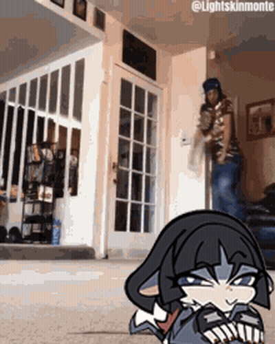 Cartoon Character Lying On Floor With Man Standing Behind GIF