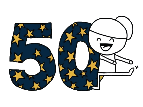 Cartoon Character Next To 50 And Stars Sticker