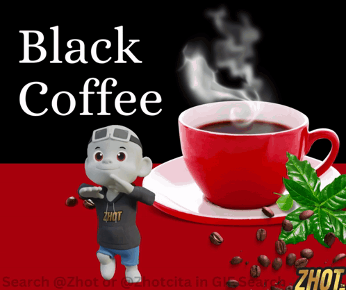 Cartoon Character Next To Black Coffee And Beans GIF