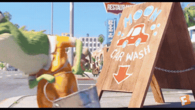 Cartoon Character Next To Moon Car Wash Sign GIF