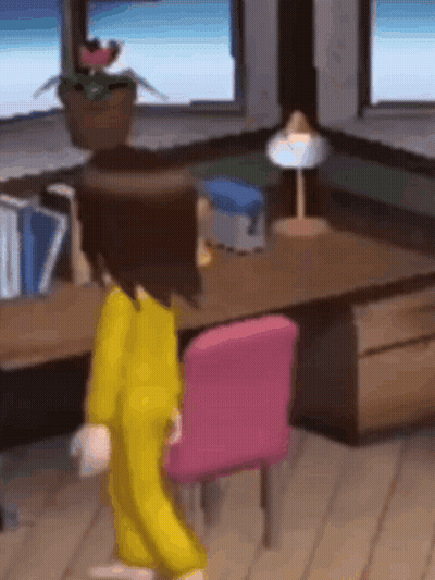 Cartoon Character Next To Pink Chair GIF