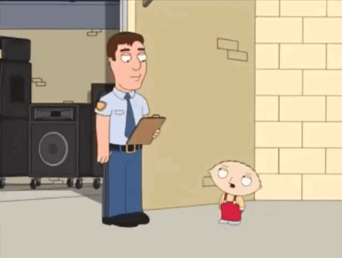 Cartoon Character Next To Police Officer Holding Clipboard GIF
