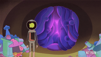 Cartoon Character Next To Purple Brain With Netflix Logo GIF