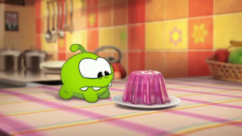 Cartoon Character Next To Purple Jelly On Plate GIF